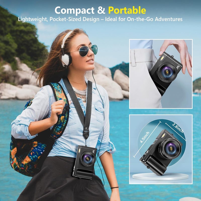 TEFTYMON 4K Digital Camera for Photography Autofocus, Upgraded 64MP WiFi Vlogging Camera for YouTube with 3" 180° Flip Screen, 16X Zoom, Compact Travel Cameras for Beginners with 32GB Card, 2 Batteries, Black - Image 5
